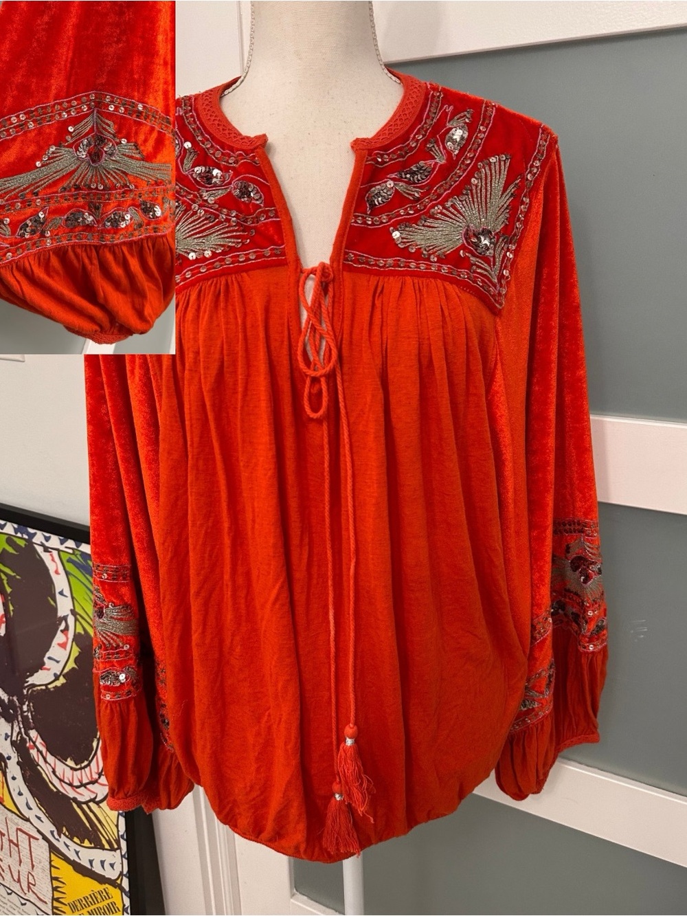 Free People Orange Embroidered Sequin Velvet Balloon Sleeve Top Large Boho GUC